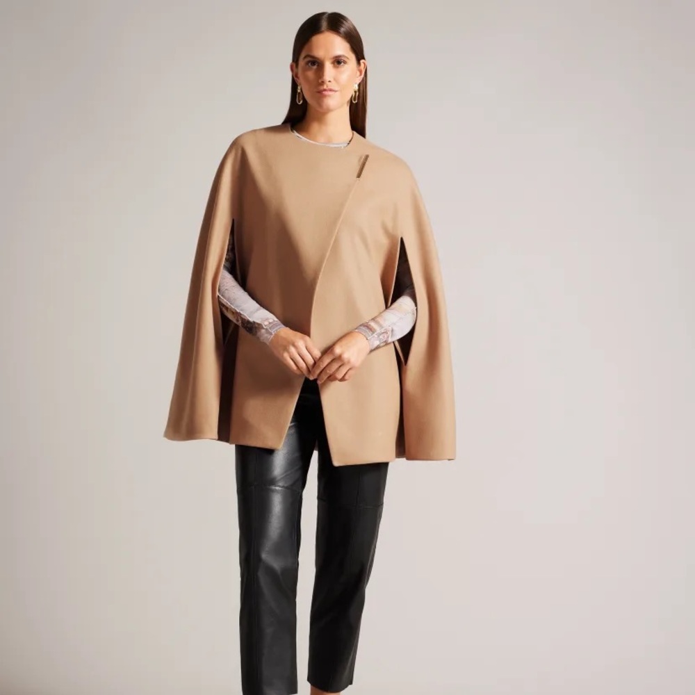 Ted Baker Wool Cape, Tan/Camel color with Orange Detail.